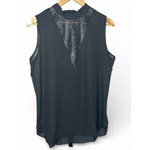 ☀️Krisa Black Mock Neck  Yoke Tank Blouse Sleeveless Top Size L NWT